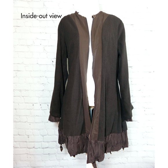 L33 Brown Fitted Coat/Jacket with Tan Stitching, Fleece Lining, & Roses - Picture 8 of 11